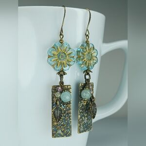 HAND CRAFTED Aqua Turquoise Glass Flower Quartz Patina Brass Dangle Earrings